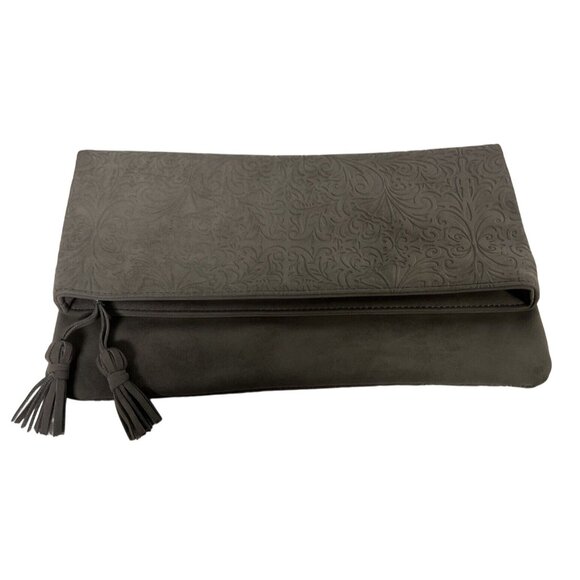 Gray Embossed Faux Leather Clutch With Tassel Accent & Zipper Pocket - Picture 1 of 6